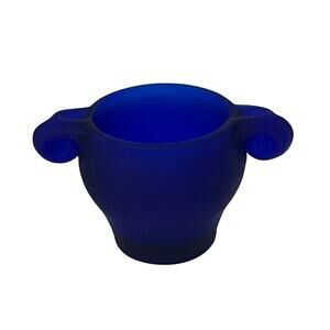 Vintage Cobalt Blue Satin Frosted Glass Pedestal Sugar Bowl Moody Art Deco Style